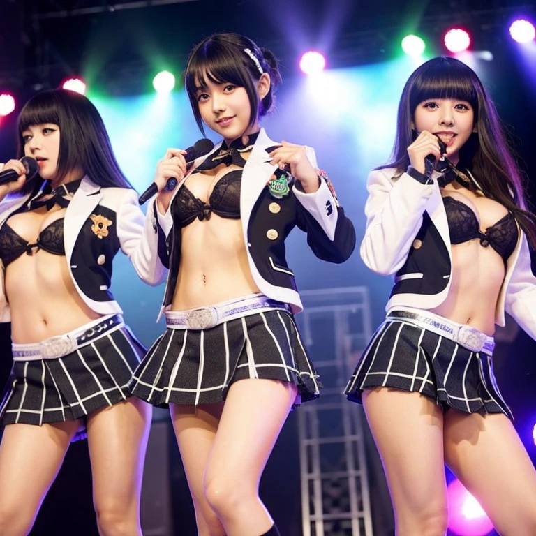 Japanese young female idol group。baby face。Blazers and miniskirts。Big breasts are coming out of the costume。nipples and areola are large。large thighs。Pubic hair is shaggy and a lot。stage。