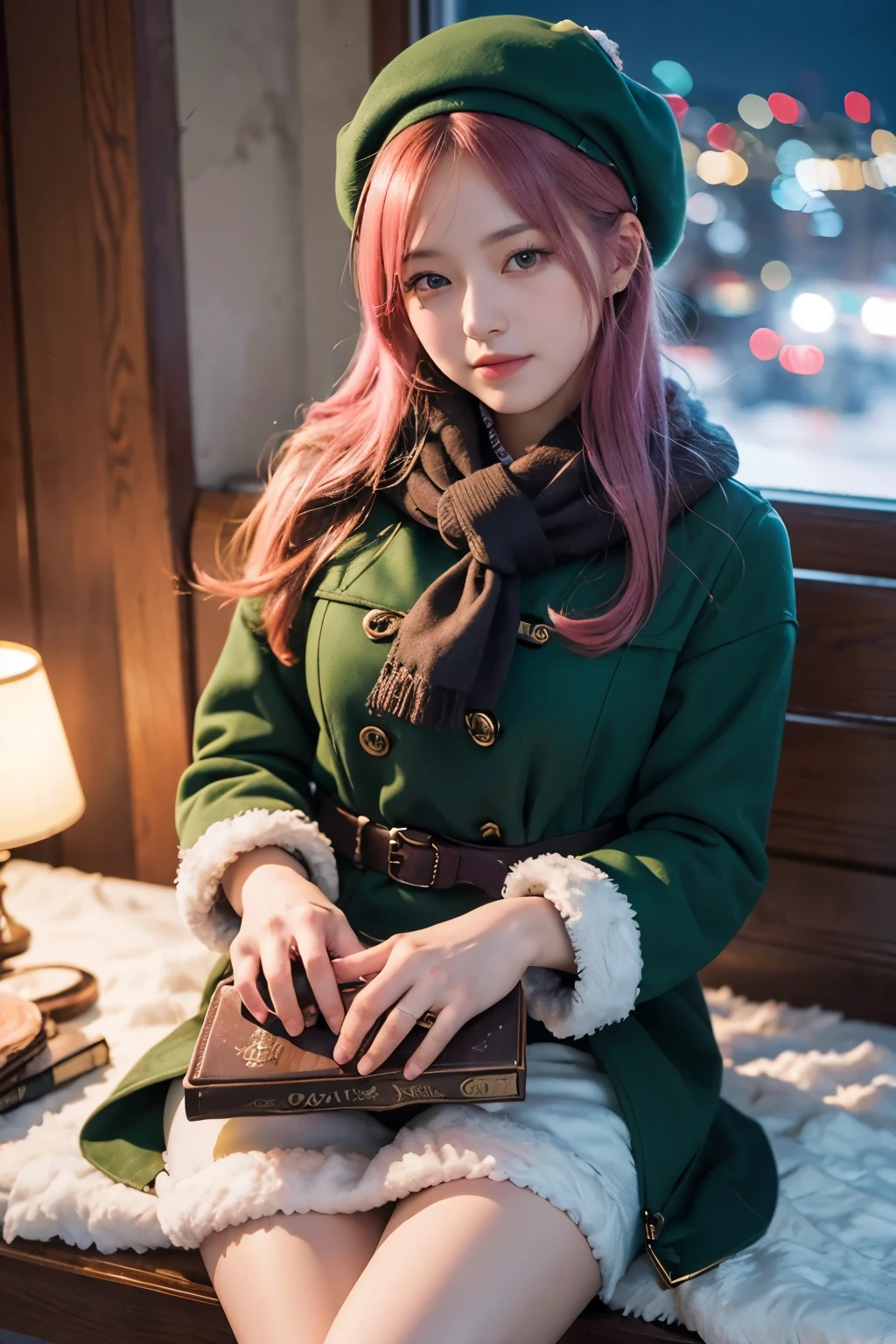 (8K, top-quality, masterpiece:1,2), (reallistic, Photorealsitic:1.37), Super Detail, One girl,), (Highly detailed), (beautifully detailed eyes), (of the highest quality), (super detailed ), (masterpiece), (Detailed face),20yr old, ,1 girl, pink hair, medium breasts, clothed, Perfect Lighting, pussy and breast focus, looking at viewer, BREAK emerald green coat, deep chocolate brown scarf, wool beret. (high quality:1.3) Long, pink hair, flowing hair, sitting gracefully with a slight, hopeful smile. (high quality:1.2) Accessories include classic gloves, a fur hat, and holding a book. (high quality:1.4) Pose capturing elegance while waiting in a winter dusk setting, with snow-covered ground emphasizing the chilly atmosphere. (high quality:1.5) Utilize soft, warm lighting to enhance the woman's contours against the dusk background.