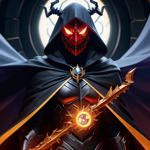 a demonic spider with glowing eyes and a long black cape, with olhos vermelhos brilhantes, evil looking, o ceifador como um assustador, evil villain grin, sorriso maligno e olhos brilhantes, evil villain, com olhos vermelhos brilhantes, dark supervillain, olhos vermelhos brilhantes, Ainz Ooal vestido, omen from valorant, olhar sinistro, ceifador de overwatch