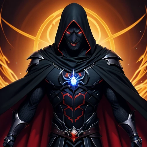 a demonic spider with glowing eyes and a long black cape, with olhos vermelhos brilhantes, evil looking, o ceifador como um assustador, evil villain grin, sorriso maligno e olhos brilhantes, evil villain, com olhos vermelhos brilhantes, dark supervillain, olhos vermelhos brilhantes, Ainz Ooal vestido, omen from valorant, olhar sinistro, ceifador de overwatch