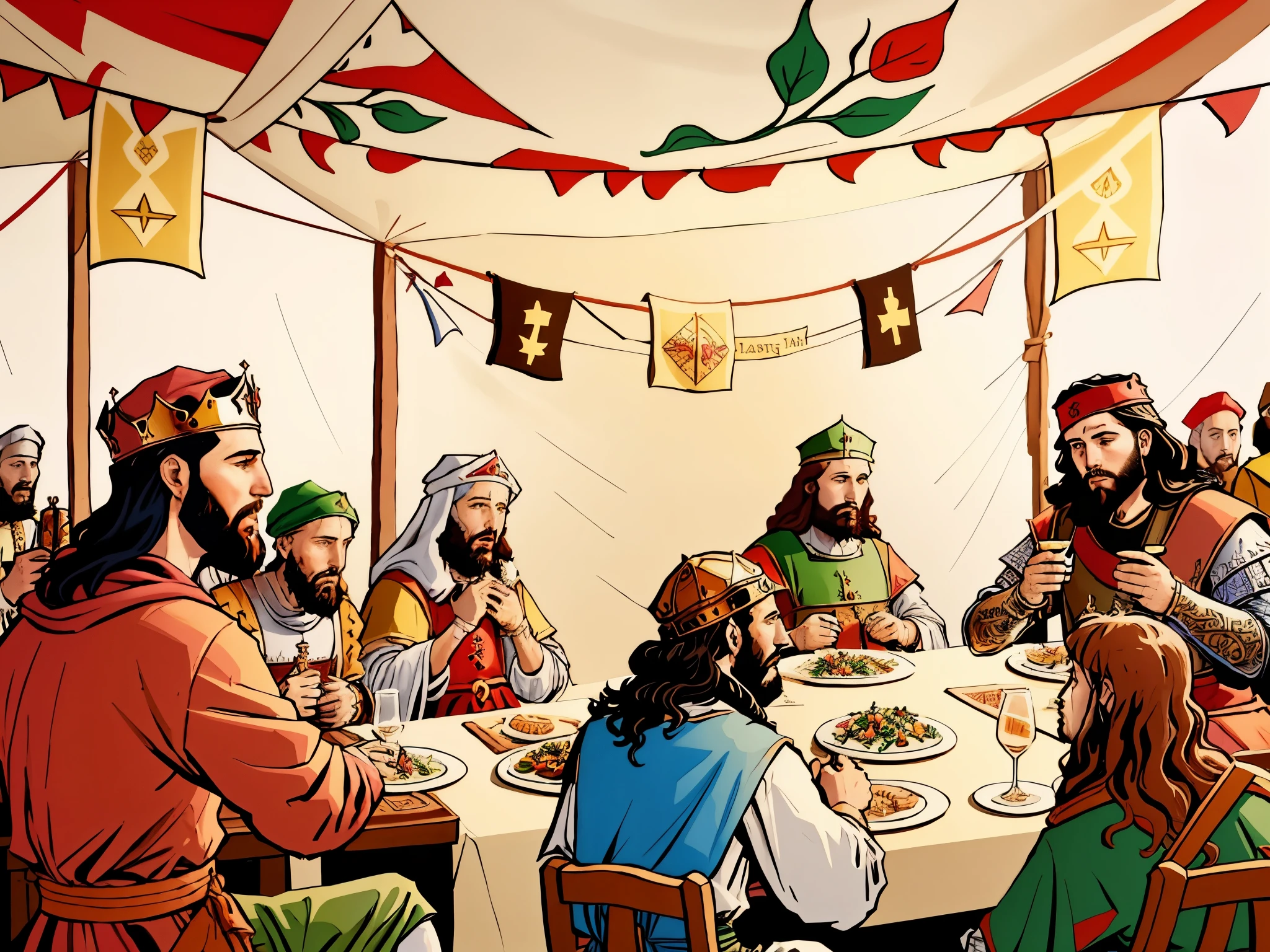 there are many people sitting at a table eating and drinking, medieval feast, by Hristofor Zhefarovich, jesus wasted at a party, bible illustration, celebrating a king being crowned, by Krzysztof Boguszewski, sukkot, immensely detailed scene, dnd last supper, stylized digital illustration, by József Borsos