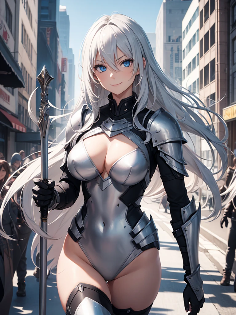 Female knight, leotard armor, long silver hair, blue eyes, smiling, walking in the crowded city, holding a weapon in hand, big bust
