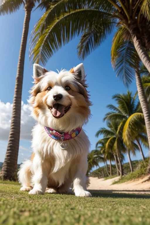 Collie or border collie dog with anomalous coat, gigantic size, very long and albino coat color, he's got his tongue out, expression of great happiness to see the owner, he has 3D glasses, usando camiseta havaiano com estampas de flores, he is on a beach under a colorful umbrella, ao seu lado esquerdo uma bola colorida, brincando com seus Brinquedos em um lindo quarto fofo,  Dog with an expression of happiness when he sees his owner, Cachorro com boca aberta, breed dog ,  German dwarf spitz, Lulu of Pomerania, Maltese ,Yorkshire Terrier, lindo Maltese posando para uma foto usando roupas fofas,   fofo usando vestido fofo de princesa, luxurious hat, ties, Bandanas, vestido, cores fofas, children&#39;dog clothing colors. low angle view, eye level shot (virilha),Just huge morbid thighs, gordinhas, extremamente grossas;,rima de trabalho, melhor qualidade, (Vista frontal), (vista da minhoca&#39;olhos), perspectiva do olho do minhoca, low angle.
