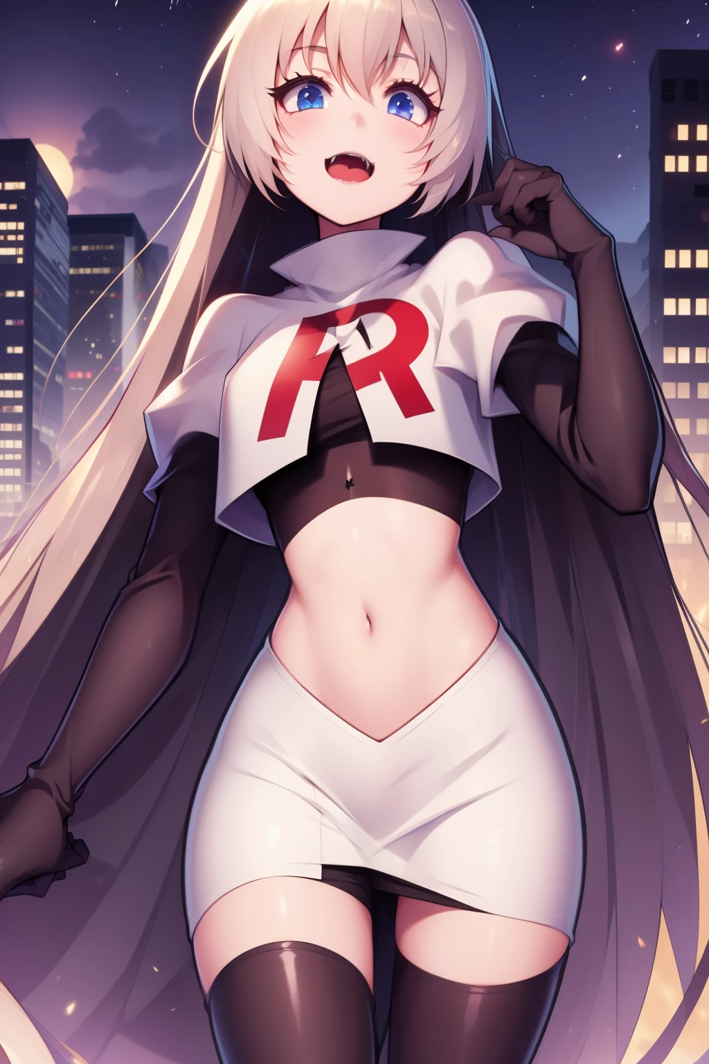 Victoria,team rocket,team rocket uniform,white skirt,red letter R,crop top,black thigh-highs,black elbow gloves,