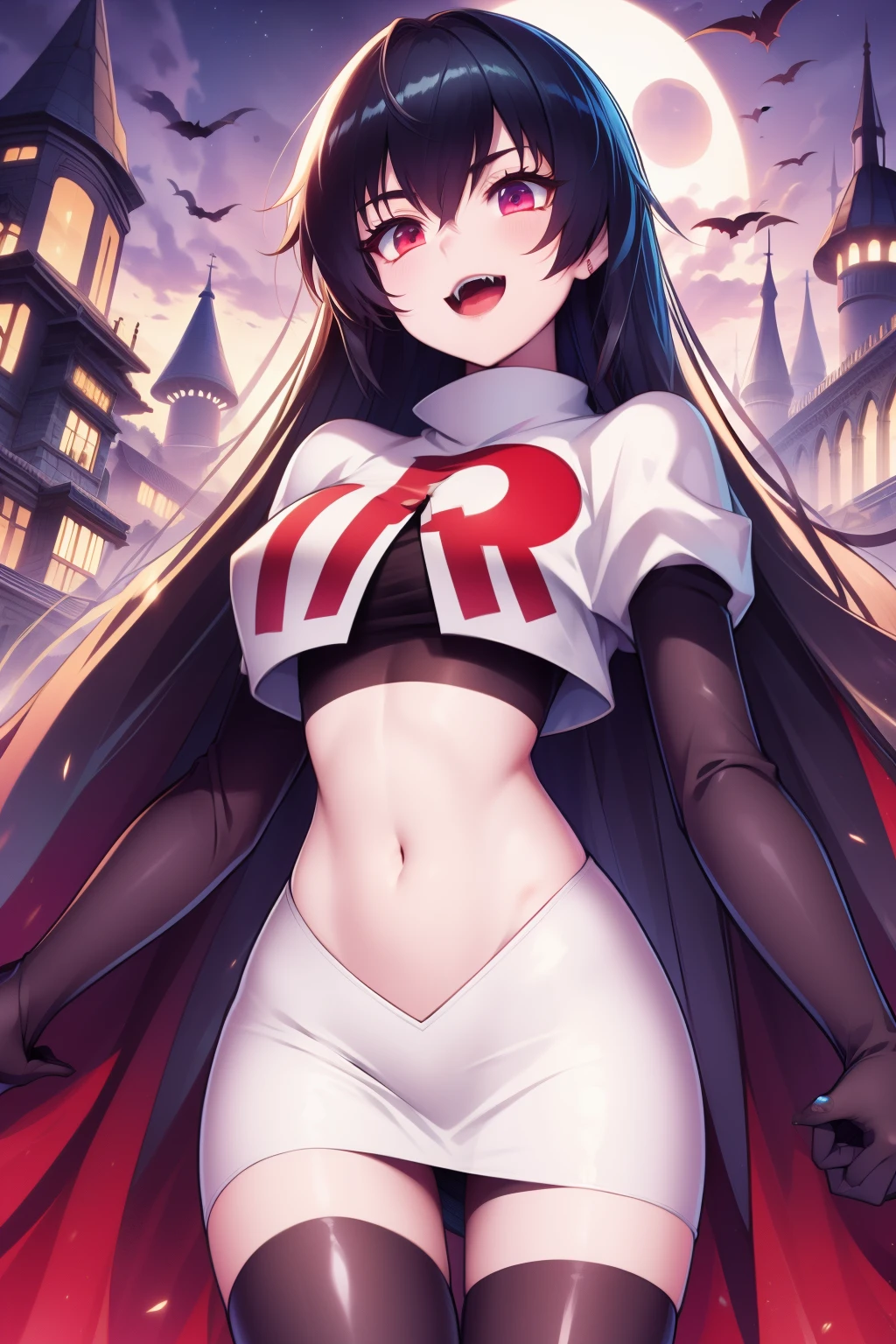 Victoria,team rocket,team rocket uniform,white skirt,red letter R,crop top,black thigh-highs,black elbow gloves,