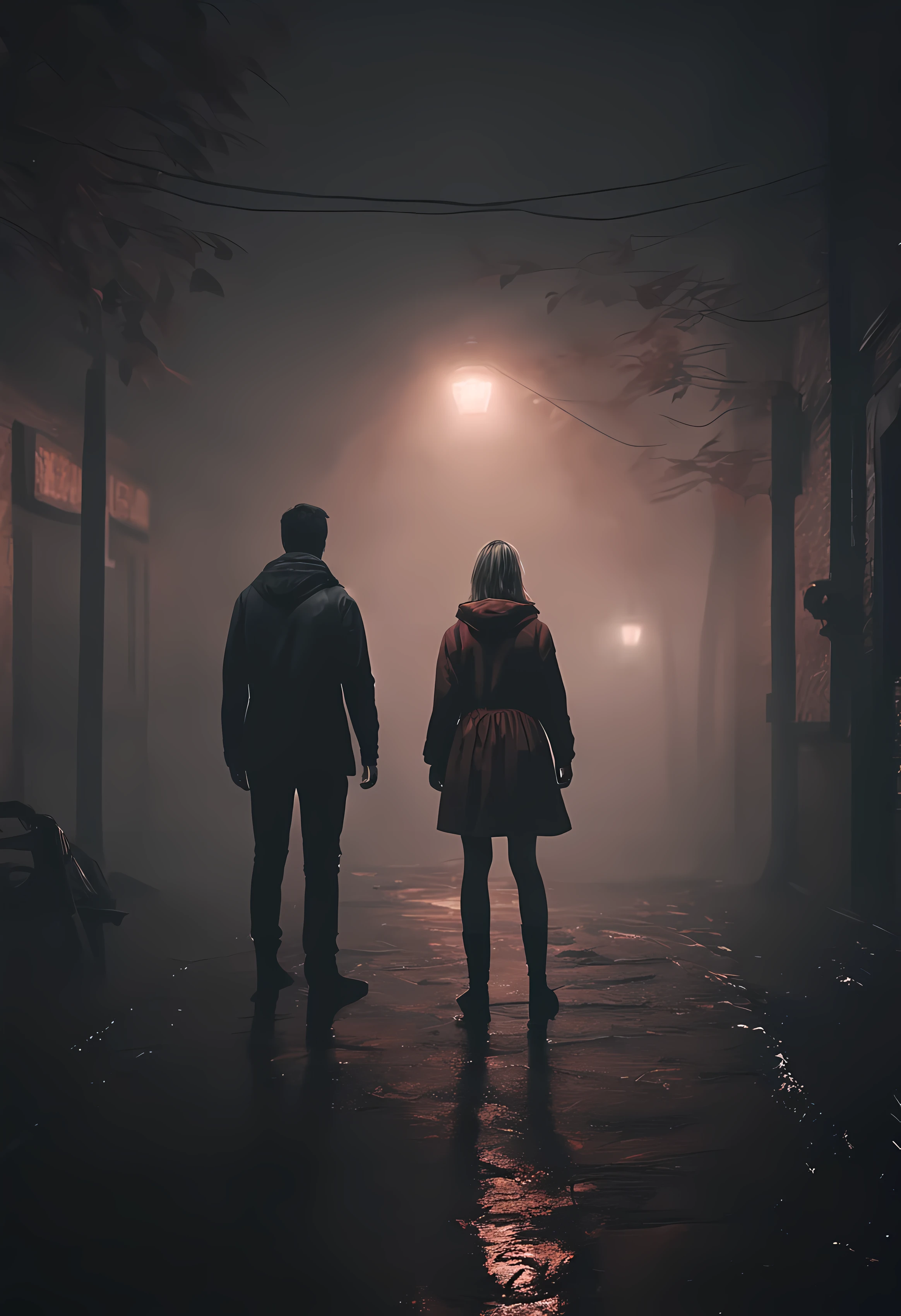 1girl 1 guy, professional cinematic Cinema studio lighting, 3D illustrations, realistic, 8k, unreal engine, volumetric fog, hyperdetailed, ultra-detailed heavy thick fog (((in the style of Horror movie Silent hill,