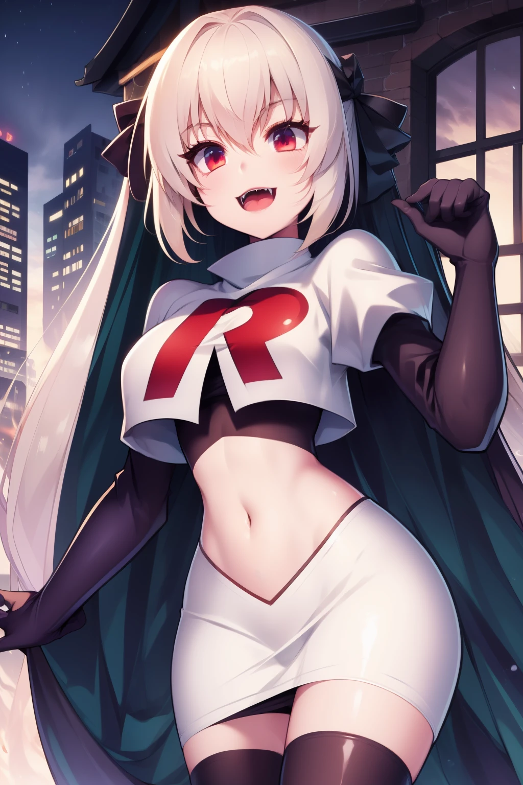 Victoria,hair ornament,team rocket,team rocket uniform,white skirt,red letter R,crop top,black thigh-highs,black elbow gloves,