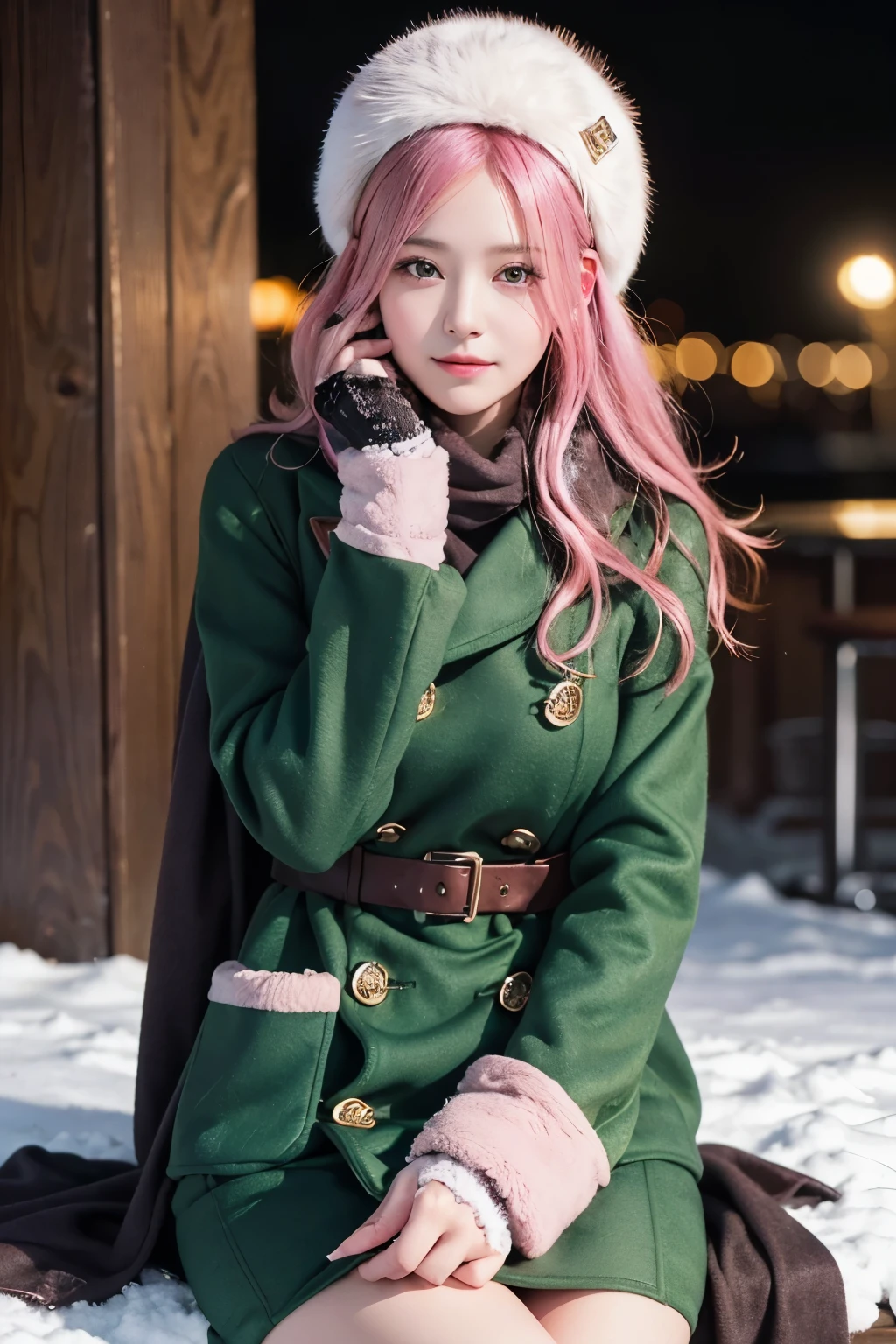 (8K, top-quality, masterpiece:1,2), (reallistic, Photorealsitic:1.37), Super Detail, One girl,), (Highly detailed), (beautifully detailed eyes), (of the highest quality), (super detailed ), (masterpiece), (Detailed face),20yr old, ,1 girl, ((pink hair)), medium breasts, clothed, Perfect Lighting, pussy and breast focus, looking at viewer,  emerald green coat, deep chocolate brown scarf, wool beret. (high quality:1.3) Long, pink hair, flowing hair, sitting gracefully with a slight, hopeful smile. (high quality:1.2) Accessories include classic gloves, a fur hat, and holding a book. (high quality:1.4) Pose capturing elegance while waiting in a winter dusk setting, with snow-covered ground emphasizing the chilly atmosphere. (high quality:1.5) Utilize soft, warm lighting to enhance the woman's contours against the dusk background.