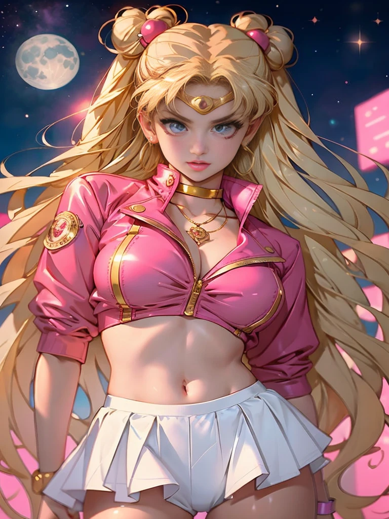 Menina marinheira em um top rosa e saia branca com uma lua cheia no fundo, portrait girl of the zodiac knights, girl of the zodiac knights, extremely detailed artegerm, arte digital detalhada de anime, fanart requintada altamente detalhada, artegerm. anime illustration, deusa dos animes, garota anime loira com cabelo comprido, portrait anime space cadet girl, Ilya Kuvshinov com cabelo comprido