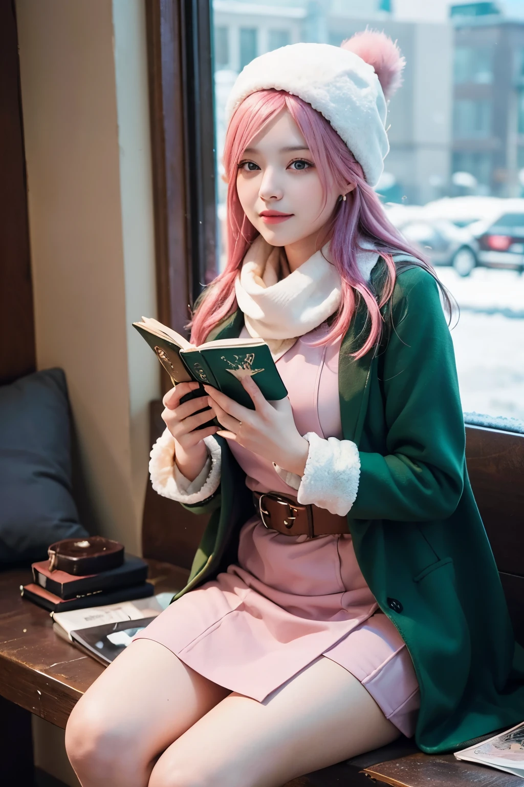 (8K, top-quality, masterpiece:1,2), (reallistic, Photorealsitic:1.37), Super Detail, One girl,), (Highly detailed), (beautifully detailed eyes), (of the highest quality), (super detailed ), (masterpiece), (Detailed face),20yr old, ,1 girl, ((pink hair)), medium breasts, clothed, Perfect Lighting, pussy and breast focus, looking at viewer, emerald green coat, deep chocolate brown scarf, wool beret. (high quality:1.3) Long, pink hair, flowing hair, sitting gracefully with a slight, hopeful smile. (high quality:1.2) Accessories include classic gloves, a fur hat, and holding a book. (high quality:1.4) Pose capturing elegance while waiting in a winter dusk setting, with snow-covered ground emphasizing the chilly atmosphere. (high quality:1.5) Utilize soft, warm lighting to enhance the woman's contours against the dusk background.