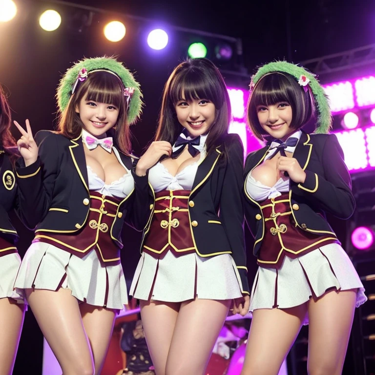 Japan female idol groups。Big breasts are coming out from the fluttering costume.。nipples and areola are large。large thighs。Pubic hair is shaggy and a lot。Exposed crotch。show off female genitals。stage。