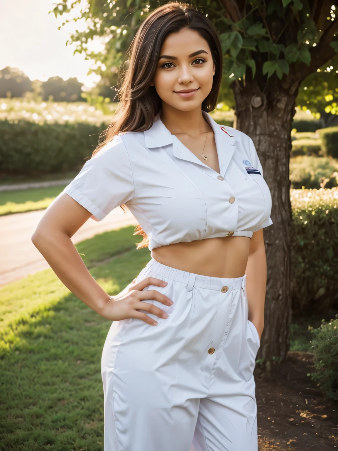 There Woman, 25, years old, in nurse's clothes, with arms crossed, with a marketing pose, film grain, sunny background
