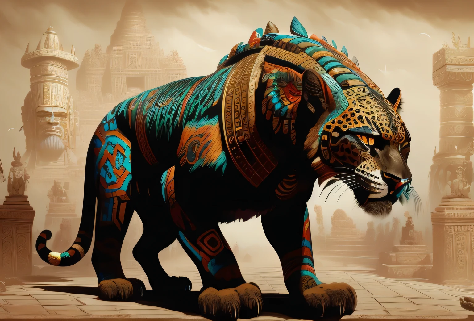 painting of a leopard with a colorful head and a large face, rich aztec jaguar armor, mayan jaguar warrior, tiger_beast, digital painting of quetzalcoatl, dan mumford. maya render, aztec warrior with jaguar mask, surreal hybrid animals, greg beeple, kaladesh concept art. mechanical, highly detailed digital painting, giant cat monster