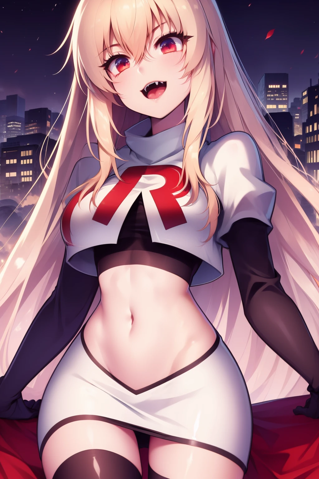 Victoria,team rocket,team rocket uniform,white skirt,red letter R,crop top,black thigh-highs,black elbow gloves,