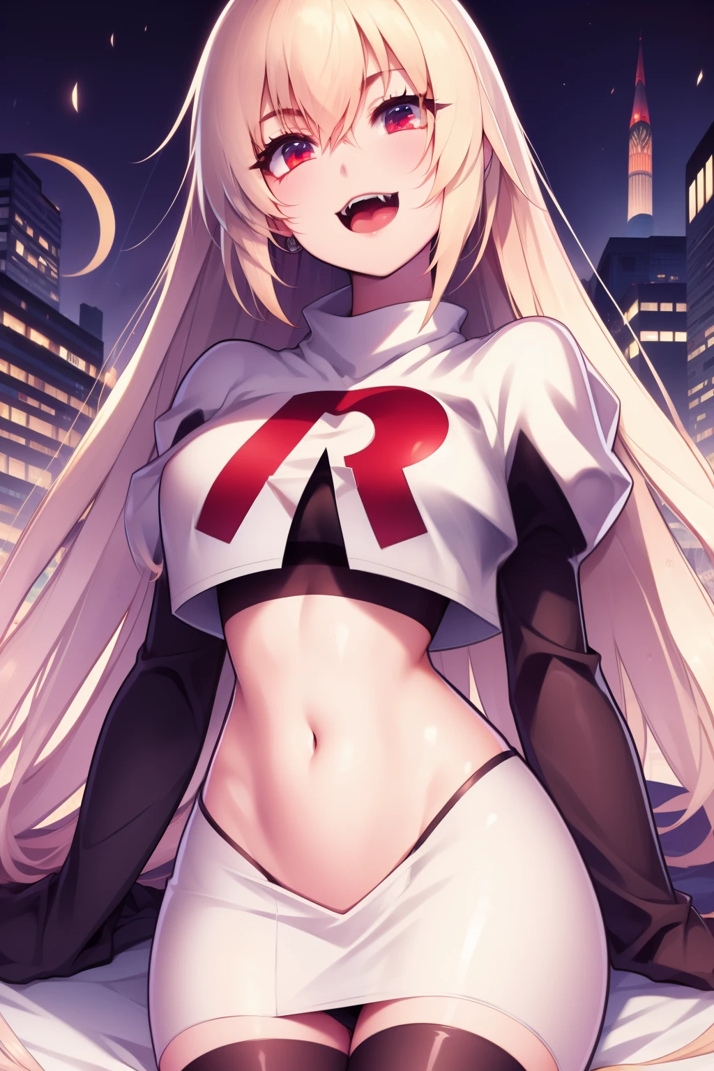 Victoria,team rocket,team rocket uniform,white skirt,red letter R,crop top,black thigh-highs,black elbow gloves,