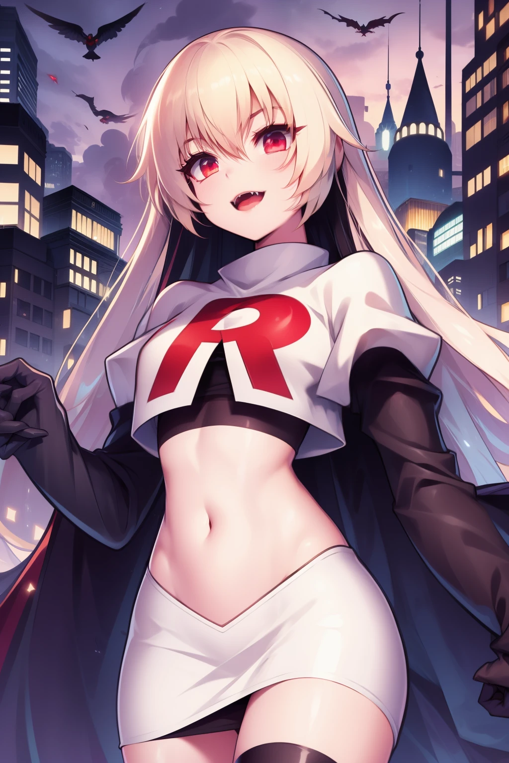 Victoria,team rocket,team rocket uniform,white skirt,red letter R,crop top,black thigh-highs,black elbow gloves,