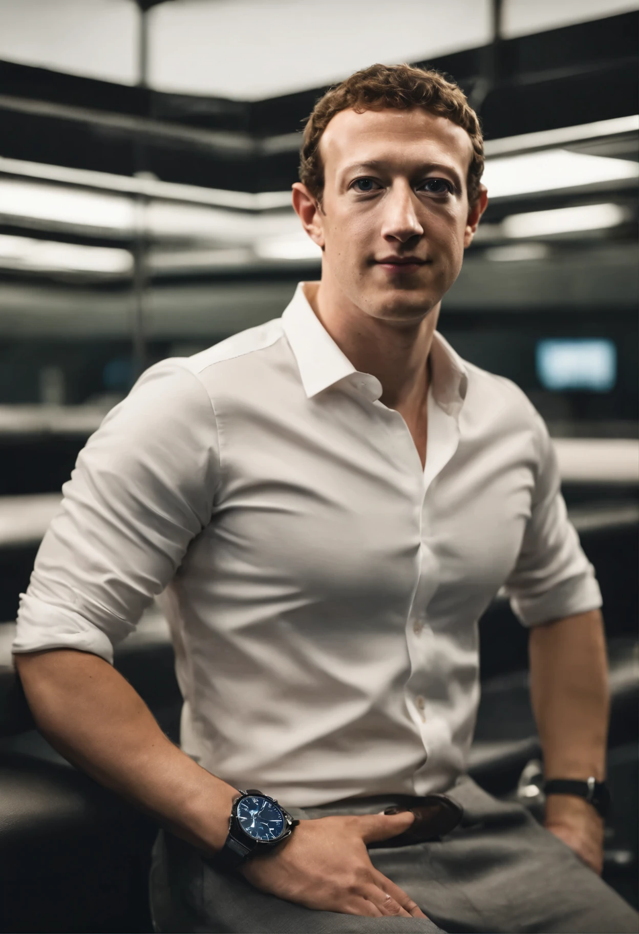 create a man with some facial features of mark zuckerberg and ellon musk, he has his arms crossed, and looking straight ahead (looking at us), his shirt is black, he also has a not too exaggerated watch on his arm that is crossed inwards (right), he has a very serious facial expression, looking like a businessman in digital marketing
