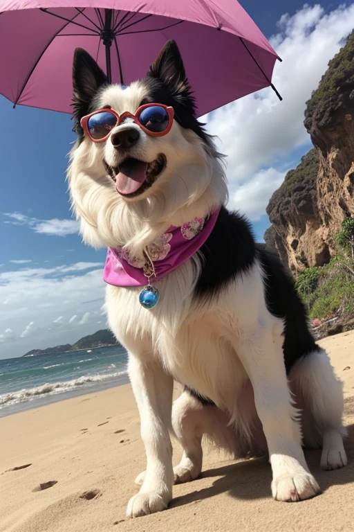 Collie or border collie dog with anomalous coat, gigantic size, very long and albino coat color, he's got his tongue out, expression of great happiness to see the owner, ((He wears 3D glasses on his eyes)), (usando camiseta havaiano com estampas de flores), he is on a beach under a colorful umbrella, ao seu lado esquerdo uma bola colorida, brincando com seus Brinquedos em um lindo quarto fofo, Dog with an expression of happiness when he sees his owner, Cachorro com boca aberta, breed dog , German dwarf spitz, Lulu of Pomerania, Maltese ,Yorkshire Terrier, lindo Maltese posando para uma foto usando roupas fofas, fofo usando vestido fofo de princesa, luxurious hat, ties, Bandanas, vestido, cores fofas, children'dog clothing colors. low angle view, eye level shot (virilha),Just huge morbid thighs, gordinhas, extremamente grossas;,rima de trabalho, melhor qualidade, (Vista frontal), (vista da minhoca'olhos), perspectiva do olho do minhoca, low angle.