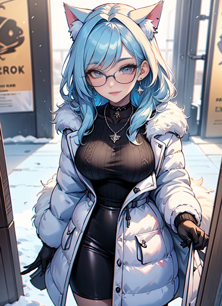 Masterpiece, beautiful art, professional artist, 8k, art style by sciamano240, very detailed face, very detailed hair, very detailed clothes, 1girl, perfectly drawn body, beautiful face, long hair, light blue hair , very detailed blue vertical cat eyes, square glasses, pouty lips , rosey cheeks, intricate details in eyes, extreme close up of face, see only head and neck, staring directly at viewer, wearing cute winter clothes, winter coat, necklace, choker, earrings, gloves, pencil skirt, black tigh boots, some freckles, big wide grin, in love with the viewer expression, sunny winter setting, walking outside,