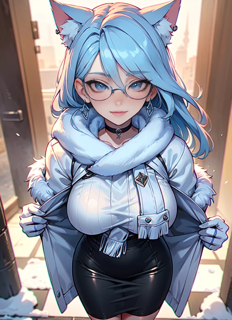 Masterpiece, high res, beautiful art, professional artist, 8k, art style by sciamano240, very detailed face, very detailed hair, very detailed clothes, 1girl, perfectly drawn body, beautiful face, long hair, light blue hair , very detailed blue vertical cat eyes, square glasses, pouty lips , rosey cheeks, intricate details in eyes, extreme close up of face, see only head and neck, staring directly at viewer, wearing cute winter clothes, winter coat, scarf, sweater, necklace, choker, earrings, gloves, pencil skirt, black tigh boots, some freckles, big wide grin, in love with the viewer expression, sunny winter setting, pov standing outside walking with viewer,
