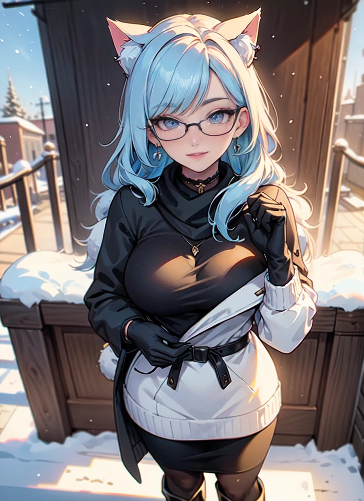 Masterpiece, high res, beautiful art, professional artist, 8k, art style by sciamano240, very detailed face, very detailed hair, very detailed clothes, 1girl, perfectly drawn body, beautiful face, long hair, light blue hair , very detailed blue vertical cat eyes, square glasses, pouty lips , rosey cheeks, intricate details in eyes, extreme close up of face, see only head and neck, staring directly at viewer, wearing cute winter clothes, winter coat, scarf, sweater, necklace, choker, earrings, gloves, pencil skirt, black tigh boots, some freckles, big wide grin, in love with the viewer expression, sunny winter setting, pov standing outside walking with viewer,