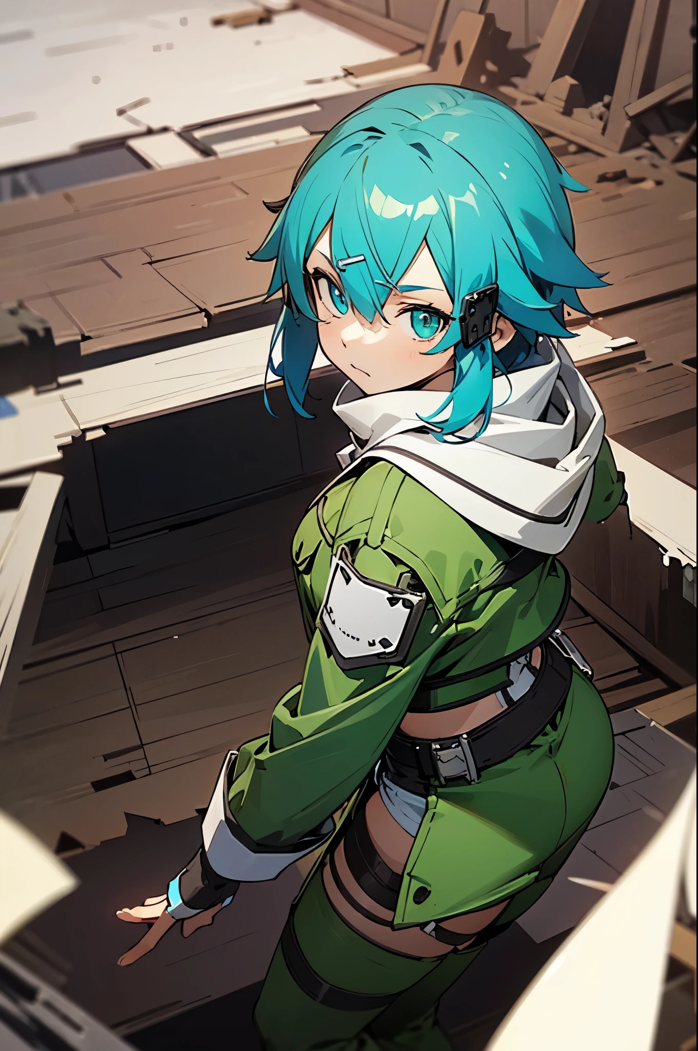 (masterpiece), best quality, expressive eyes, perfect face, highres, sinon1, scarf, fingerless gloves, long sleeves, short shorts, hair ornament, hairclip, green thighhighs, green jacket, thigh strap, field, ruins background, ruined structures, standing, portrait,  looking at the viewer, (from above:1.2)