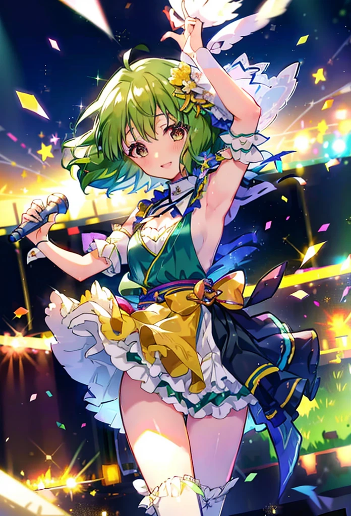 (anime:1.1), highest quality, table top,
1 girl, Lanka Lee,macross frontier　Lanka Lee, green hair, short hair、bob hair,small breasts, blue eyes, mature woman,  looking at the viewer, smile，Stage Performance, hot air，Idol style green kimono,white knee high socks，jumping,，アイドルsinger standing in the center of the stage，アイドルsinger holding a microphone and singing， アイドルsinger&#39;serious and powerful expression. singer&#39;&#39;&#39;s voice is powerful and beautiful，fans gather around the stage， ファンはアイドルsingerと一緒に歌ったり踊ったりしています