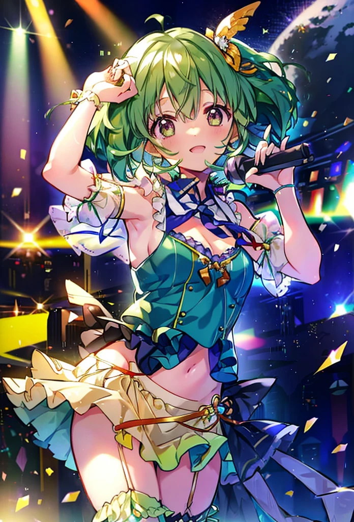 (anime:1.1), highest quality, table top,
1 girl, Lanka Lee,macross frontier　Lanka Lee, green hair, short hair、bob hair,small breasts, blue eyes, mature woman,  looking at the viewer, smile，Stage Performance, hot air，Idol style green kimono,white knee high socks，jumping,，アイドルsinger standing in the center of the stage，アイドルsinger holding a microphone and singing， アイドルsinger&#39;serious and powerful expression. singer&#39;&#39;&#39;s voice is powerful and beautiful，fans gather around the stage， ファンはアイドルsingerと一緒に歌ったり踊ったりしています