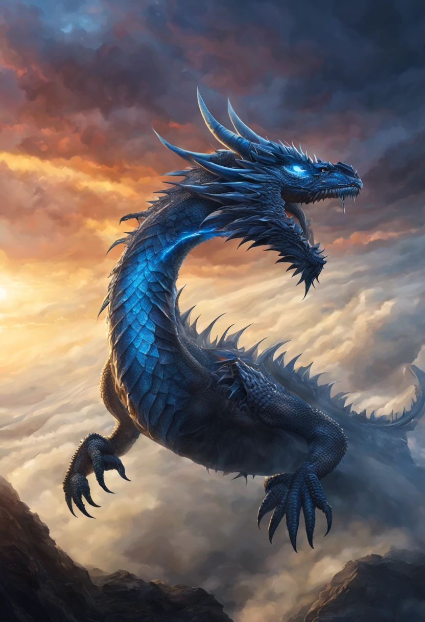 An incredible illustration of a majestic dragon flying through the skies. The Dragon, com asas douradas, corta os ares em um movimento gracioso, exibindo escamas azul que brilham sob a luz do sol. Its long claws and long tail are extended, creating an imposing image against the backdrop 