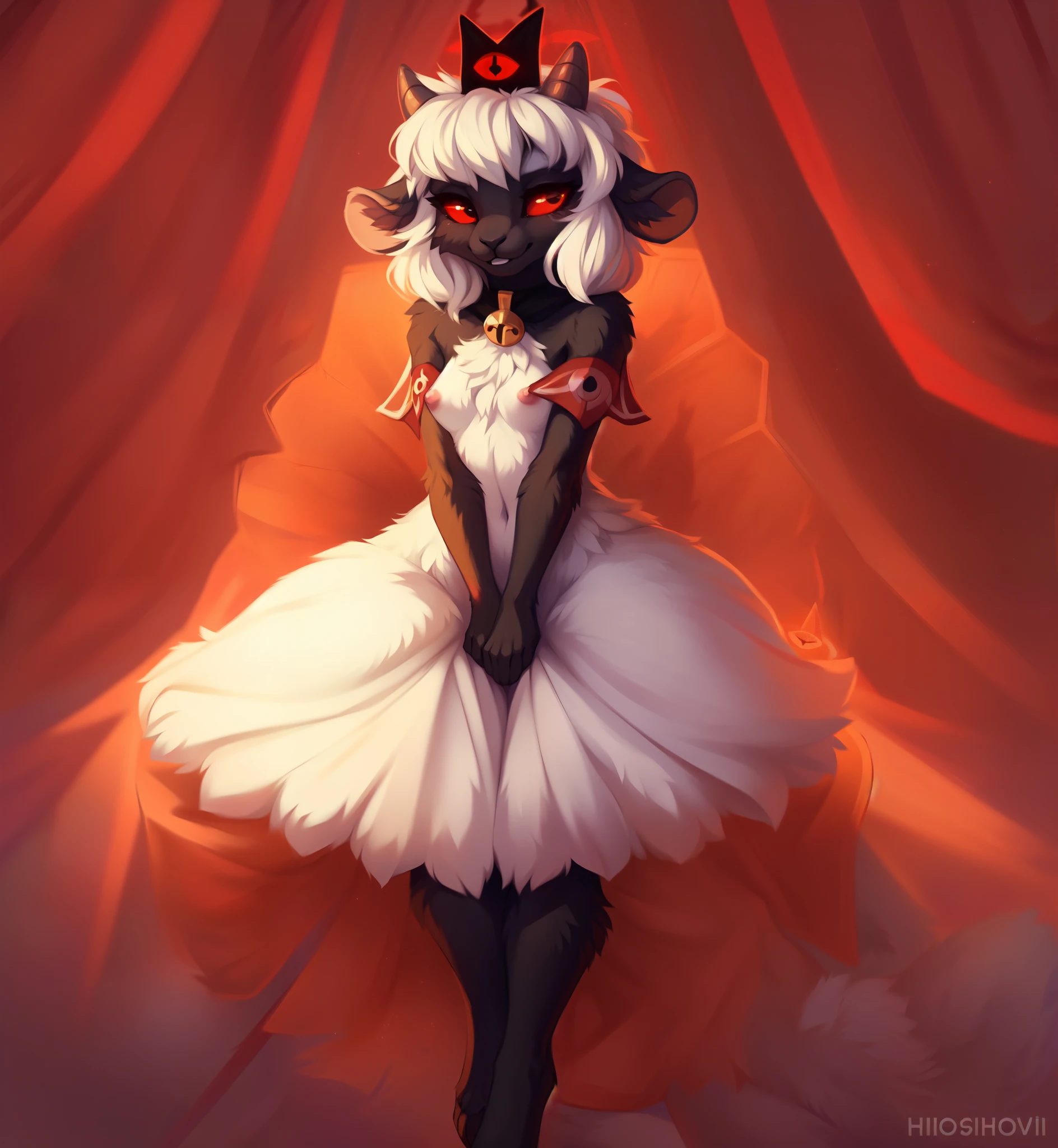 ((sheep (cult of the lamb\)), black body and white fur, white hair, horn, clear red sclera)), (crown),,, (by hioshiru), (by foxovh), (by reysi), (by yshanii), (by butterchalk), ,,Blaze the cat,, loli, young, nsfw, small breasts,