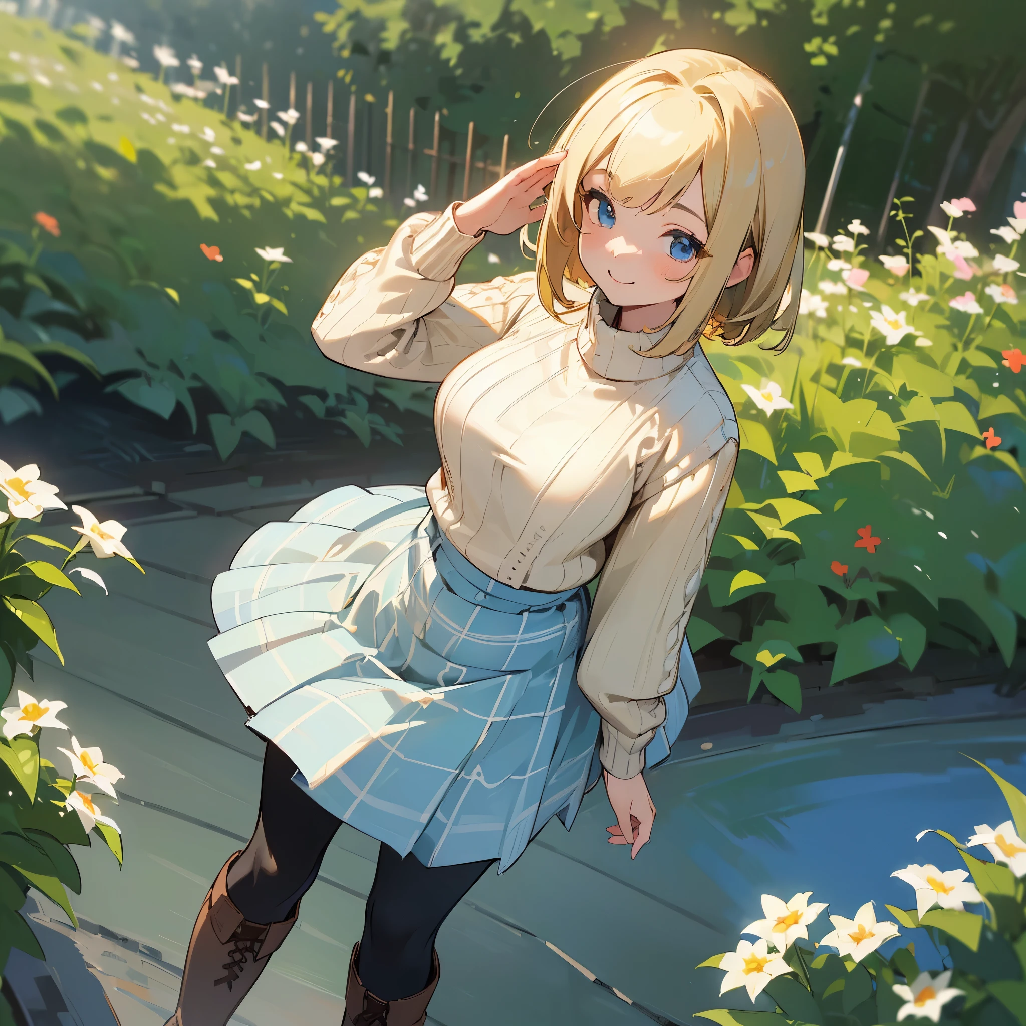 (high quality, high resolution, Super detailed, Reality:1.37), peaceful atmosphere, (outdoor, garden), Teenage girl standing alone, (My breasts are big.), Beautiful detailed features, cute smile, (blonde bob hair), ribbed sweater, blue plaid skirt, Black tights, brown boots.
