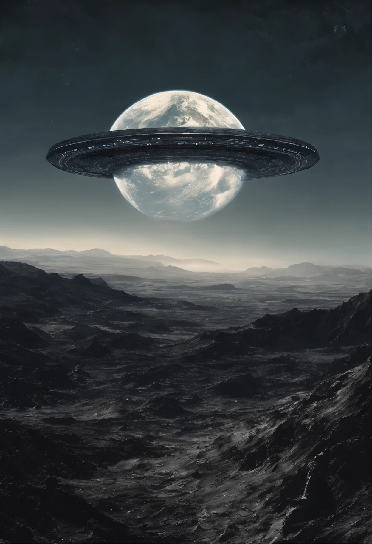 super detailed image of a flying saucer above the (surface with craters) of the Moon BREAK a flying saucer from bottom emits a beam of soft blue light BREAK (planet Earth far in the sky:1.5), (Milky Way in the sky), night sky, stars, space, (Best Quality, 16K, Masterpiece, UHD:1.3, Huge detail, hyper realistic, epic scale, insane level of details)