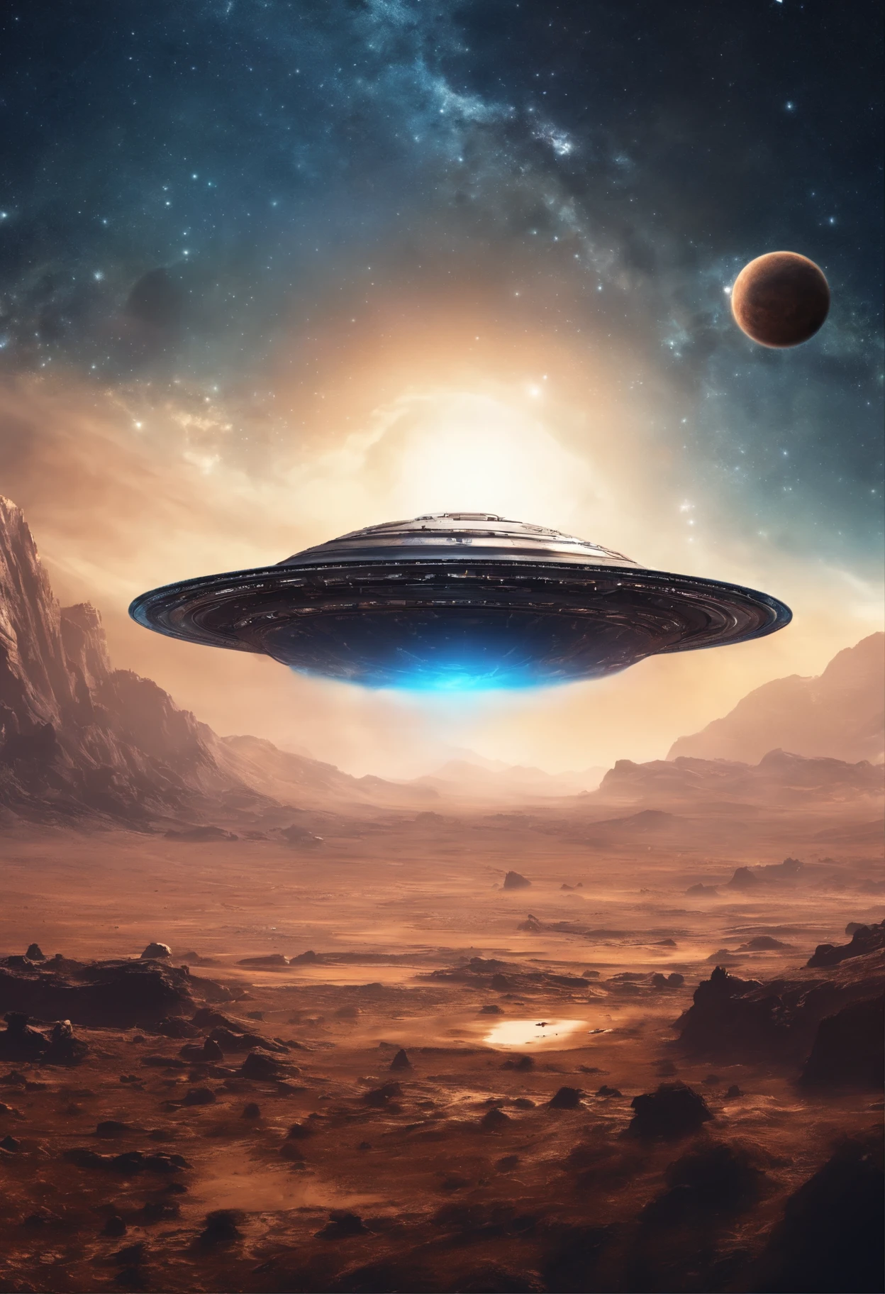 super detailed image of a flying saucer above the (surface with craters) of the Moon BREAK a flying saucer from bottom emits a beam of soft blue light BREAK (planet Earth far in the sky:1.5), (Milky Way in the sky), night sky, stars, space, (Best Quality, 16K, Masterpiece, UHD:1.3, Huge detail, hyper realistic, epic scale, insane level of details)