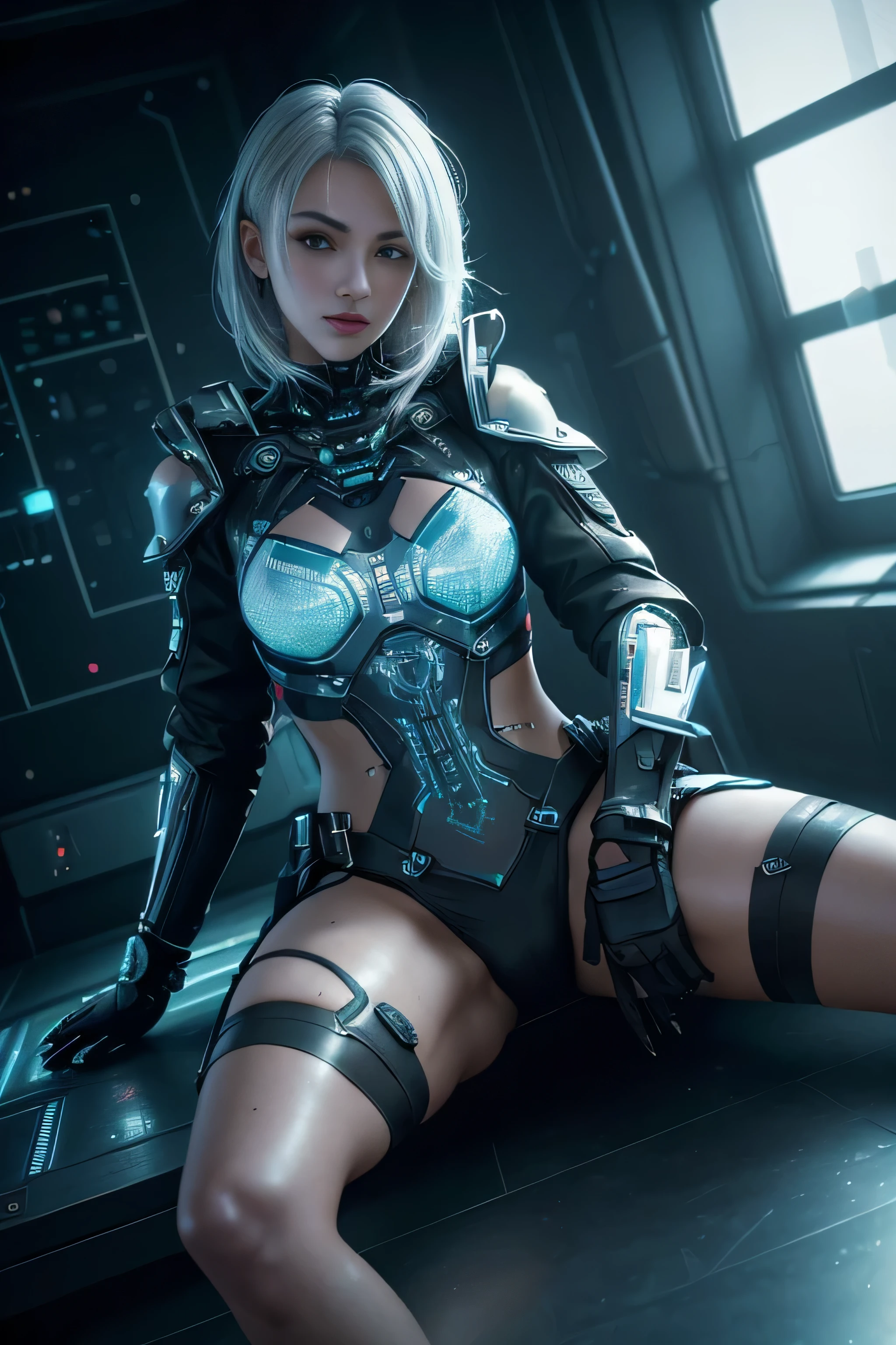 ((highest quality)), (masterpiece)), (be familiar with:1.4), 3D, beautiful cyberpunk woman image、(european:1.2)、(exposed skin:1.5)、Battle Jacket、cute、(be familiar withな顔:1.5)、silver hair、HDR,ray tracing,NVIDIA RTX,super resolution,unreal 5,scattered below the surface,PBR texturing,Post-processing,anisotropic filtering,written boundary depth, maximum clarity and sharpness, multilayer texture, Albedo and specular maps, surface shading, Accurate simulation of light-matter interactions, perfect proportions, octane rendering, two-tone lighting, wide aperture, Low ISO, White balance, Rule of thirds, 8,000 students, (Circuit Board AI)、(barefoot)、(spread your legs:1.5)
