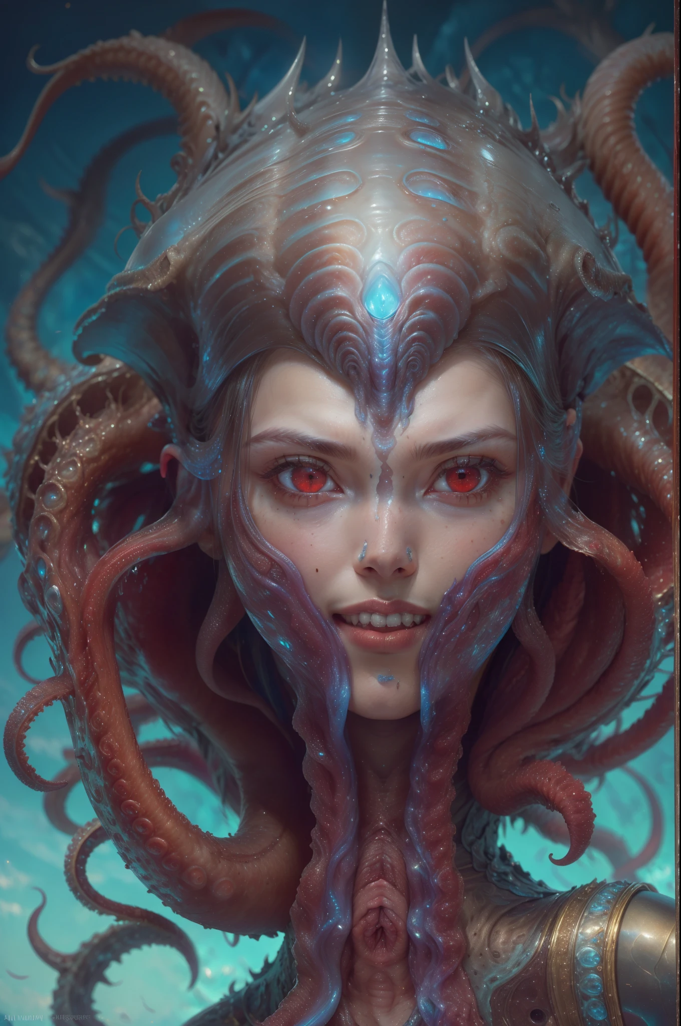 scary and sexy detailed art in color, Portrait, (beautiful and obscene female alien:1.4), (vulgarity1.7), (she has red eyes with no pupils:1.8), (Translucent skin:1.7), (There is a female genital-like organ in the middle of the forehead:1.9), (The most beautiful face in the history of the universe:1.2),an evil gaze that seduces, (large mouth:1.1), (sharp teeth like a vampire:1.2), Full body portrait, (bio luminescent:1.5), (Smile wickedly:1.3), (sexypose:1.5), alien, No humans, cells are fused, (Lots of translucent tentacles:1.3) extraterrestrial, cell, bio image, best quality, 8K,In 4K_quality, High freshness, Dramatic Lighting, masutepiece:1.5,cinematic quality, detail up, (exquisite details:1.2), high resolution, High freshness, drawing faithfully, (Thick eyebrows:1.2), Beautiful eyes with fine symmetry,(Highly detailed face and eyes:1.2), Intimate face, (Super detailed skin quality feeling:1.4), perfect anatomy, (Beautiful toned body:1.5), (Moist skin:1.2), not wearing makeup, (dark circles:1.1), long canines, cinematic drawing of characters, ultra high quality model, cinematic quality, detail up, (exquisite details:1.2), high resolution, High freshness, drawing faithfully, official art, Unity 8K Wall paper, best quality, Very high resolution, ultra detailed artistic photography, midnight aura, unreal engine 5, Ultra Sharp Focus, art by Amano Yoshitaka, ArtGerm, Roisch, intricate artwork, best quality, masterpiece, ultra high resolution, (photos realistic:1.4), ultra realistic realism, dream-like, nautilus, Creation of fantasy, Snail, Dream Snail, (biopunk nautilus:1.3),Thrilling color schemes, ultra realistic realism, seductively smiling, Blue tentacles, Amazing mutation, well-proportioned body, goddess of the deep sea