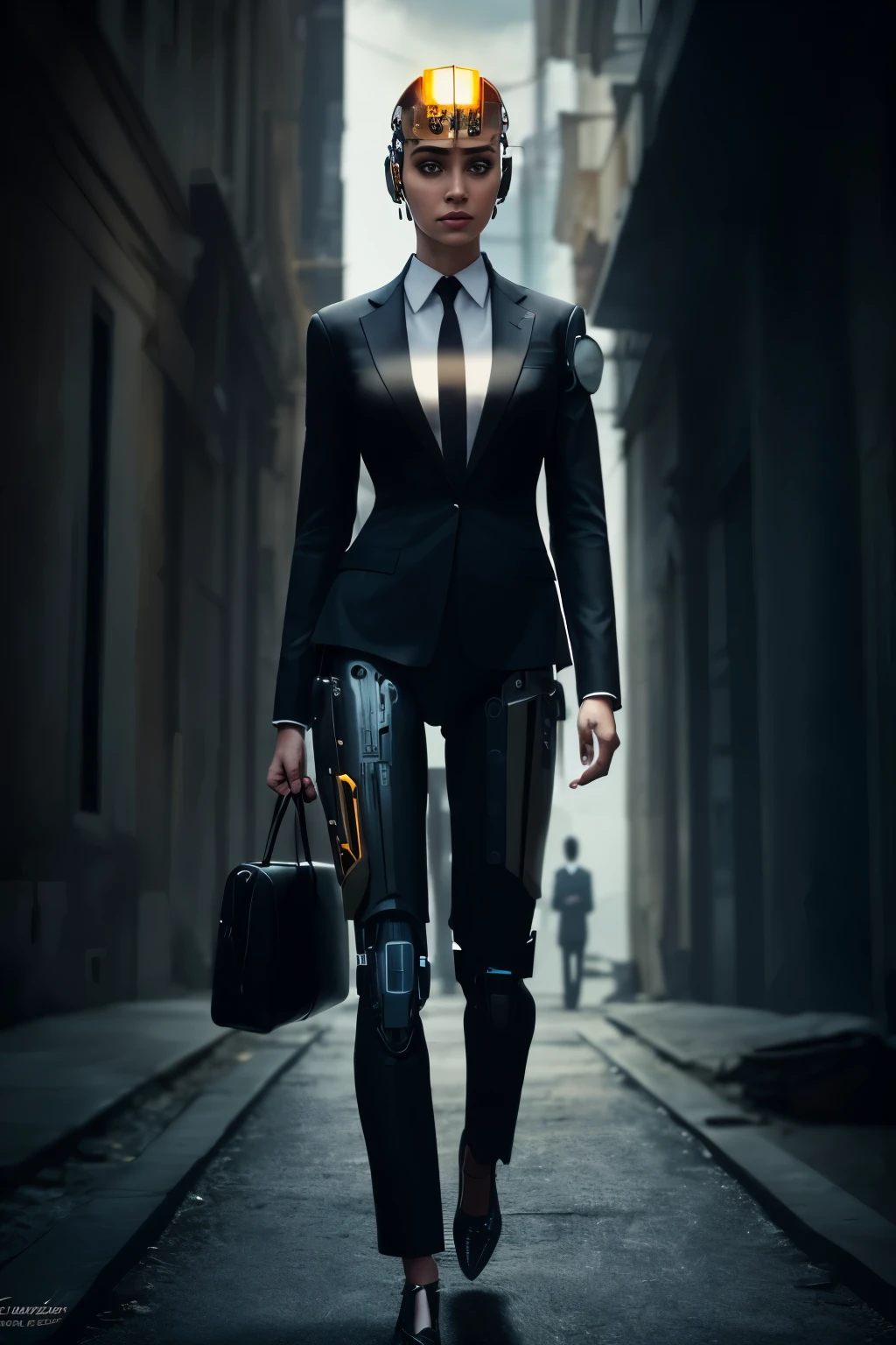 Limda mulher com (human head wearing black suit | cyborg head wearing black suit:1.2), parte superior do corpo, HDR , cinematic lighting