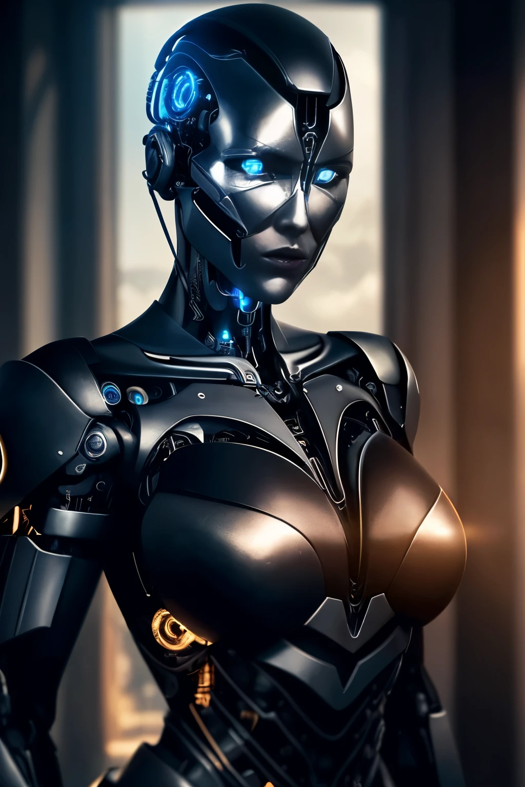Limda mulher com (human head wearing black suit | cyborg head wearing black suit:1.2), parte superior do corpo, HDR , cinematic lighting