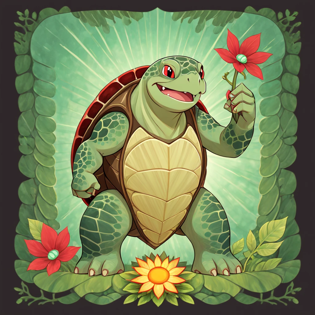 A giant turtle with vivid green scales and instead of a shell there is a giant red flower bark vines and leaves and it opens its mouth and a solar beam erupts, in card art style