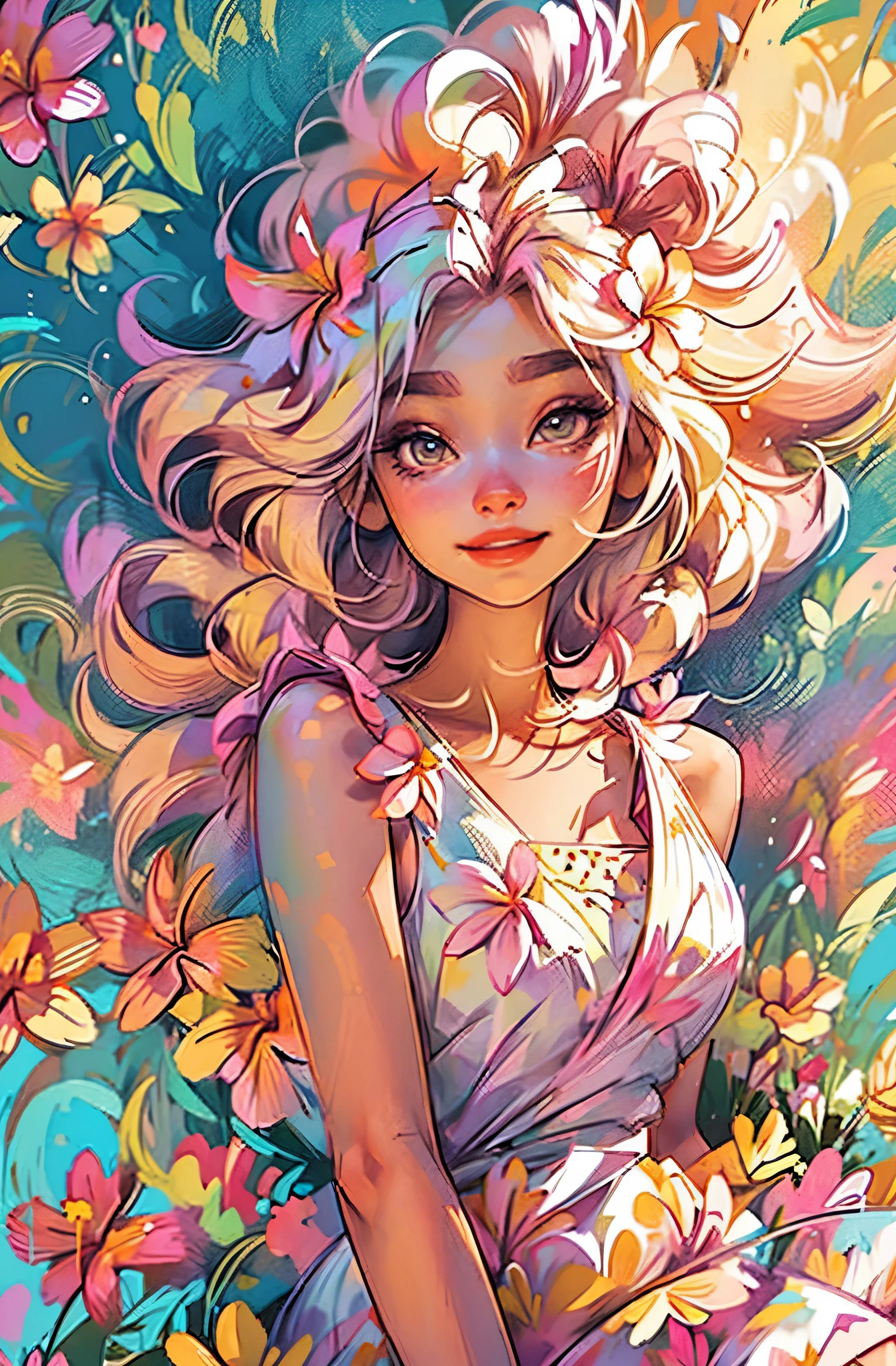 1girl, solo, flower, dress, blonde hair, big smile, vibrant colors flower, plumeria, lying, white dress, pink yellow plumeria, on back, lips, makeup, sleeveless, floral print