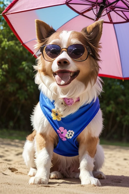 Collie or border collie dog with anomalous coat, gigantic size, very long and albino coat color, he's got his tongue out, expression of great happiness to see the owner, usando camisa havaiana com detalhes floral, ((He wears 3D cinema glasses on his eyes)), (usando camiseta havaiano com estampas de flores), he is on a beach under a colorful umbrella, on the right side there is a plastic bowl with lots of bone-shaped cookies inside., ao seu lado esquerdo uma bola colorida, brincando com seus Brinquedos em um lindo quarto fofo, Dog with an expression of happiness when he sees his owner, Cachorro com boca aberta, breed dog , German dwarf spitz, Lulu of Pomerania, Maltese ,Yorkshire Terrier, lindo Maltese posando para uma foto usando roupas fofas, fofo usando vestido fofo de princesa, luxurious hat, ties, Bandanas, vestido, cores fofas, children'dog clothing colors. low angle view, eye level shot (virilha),Just huge morbid thighs, gordinhas, extremamente grossas;,rima de trabalho, melhor qualidade, (Vista frontal), (vista da minhoca'olhos), perspectiva do olho do minhoca, low angle.