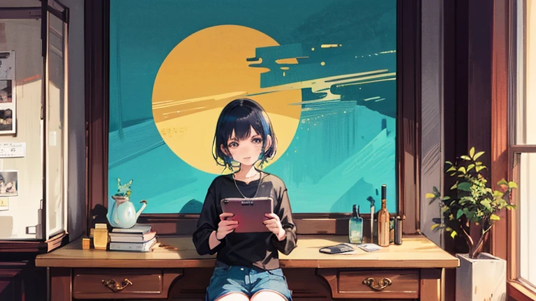 Animated character wearing headphones, sitting at a table, holding a book and a cat, compliment girl, compliment art, compliment art style, compliment feel, compliment portrait, compliment colors, compliment, lo-fi art, compliment vibes, compliment vibe, compliment hip hop, satoshi kon artstyle, compliment girl aesthetic