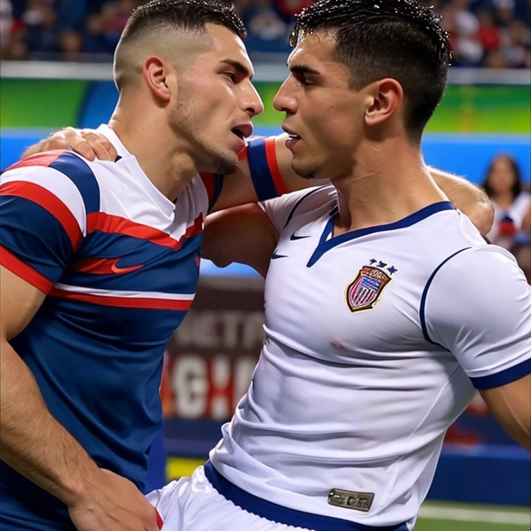 Capitan de futbol musculoso borracho y sin camisa, kissed on the mouth and d by a cheerleader man smaller and thinner than him, bulto grande, mostrando pectorales y abdominales completos,wet dreamsrection, besos, garaphic