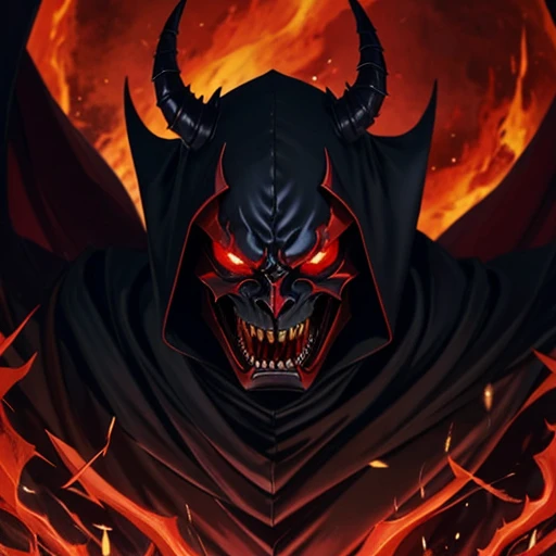 a black and red mask with red eyes and demon face, denon creature, with glowing red eyes, the grim reaper as a scary one, with glowing red eyes, from Overlord, Ainz Ooal dressed, omen from valorant, evil smile and glowing eyes, death evil, masked, smile mask, Overlord!!!, he is very threatening and evil, evil smile, Shinigami