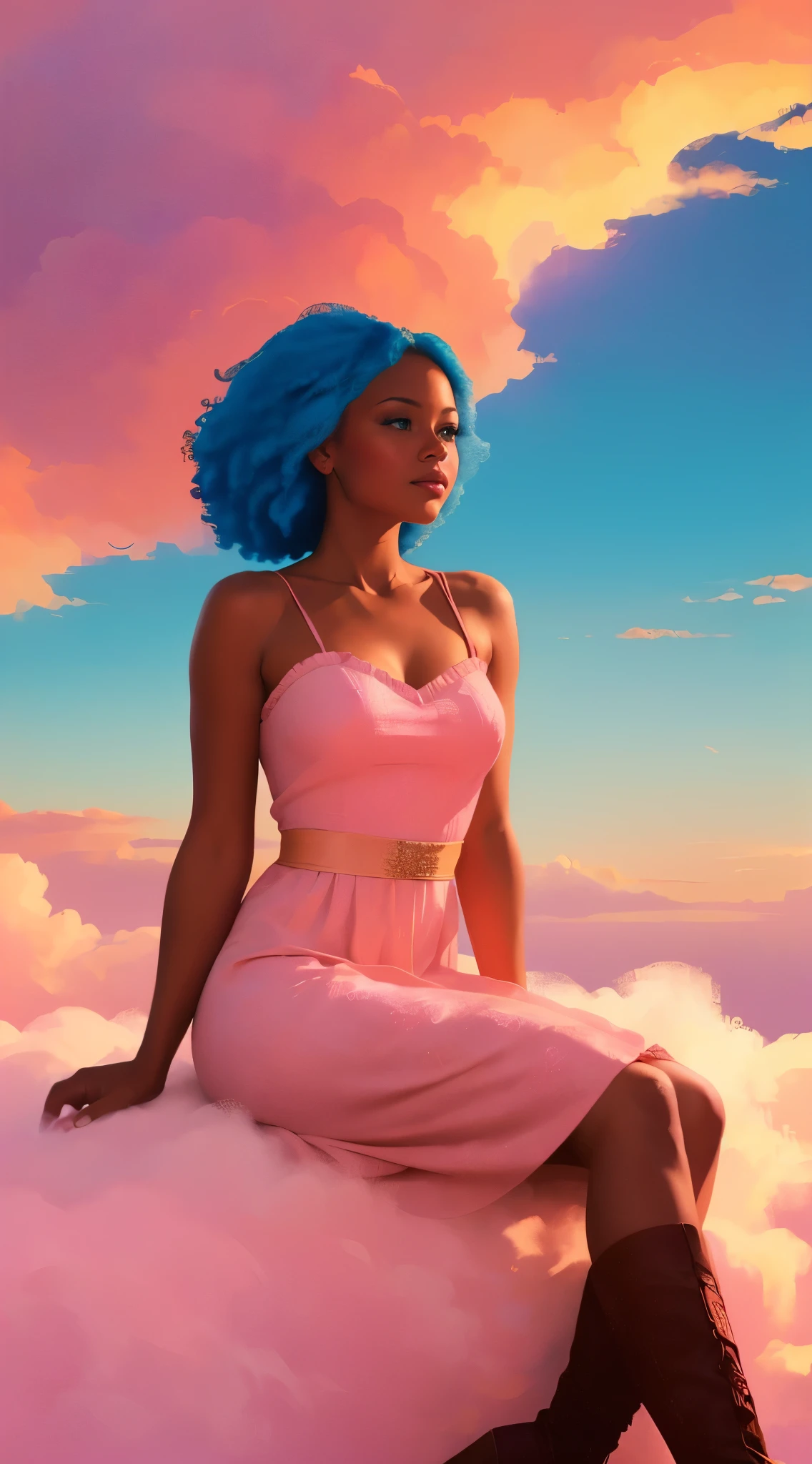 (best quality:1.1),original,1girl,chic,trendy,afro,dark skin,makeup,1970's, blue hair, brown eyes An illustration of african american woman with natural hair, in the style of ross tran, a pink dress with a cute cloud print and cute pink boots, a gorgeous woman with extremely long hair in a ponytail with bangs, (((sitting on a soft fluffy pink cloud))), looking at a distant magical city far beneath her, at sunset --ar 2:3 --v 6.0 pink and orange, jessica drossin, bold block prints, michael malm, bold yet graceful, bold traditional