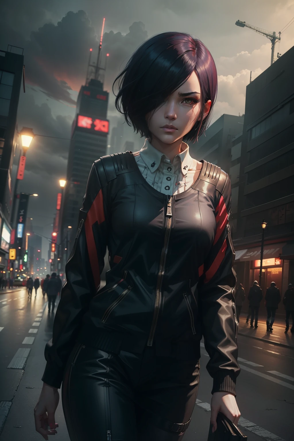 touka kirishima,beautiful detailed eyes,beautiful detailed lips,extremely detailed eyes and face,red and black hair,tokyo ghoul,anime style,dark and mysterious atmosphere, intense gaze[tokyo ghoul],outdoor setting,cityscape background,nighttime scene,vivid colors,sharp focus,highres,physically-based rendering