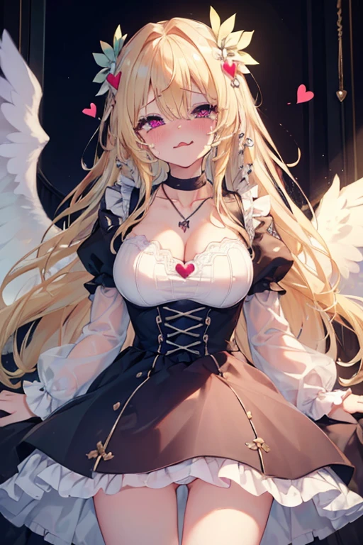 (Masterpiece: 1.4), (Best quality: 1.4), 8K, HD, ultra clear，1girl，（big breasts：1.4），blond hair,(Heart-shaped pupil:1.3),(Tongue out:1.2),scared:1.3，(cry:1.3),princess，Bare abdomen，White lace underwear，Skirt，（Looking up），night，bedroom，necklace，Messy clothes，long hair, angel wings