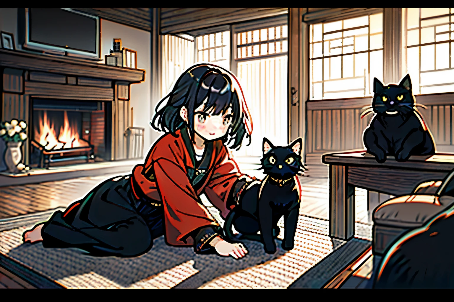 Shortcut Girl、fireplace、interior of wooden house、Black cat、