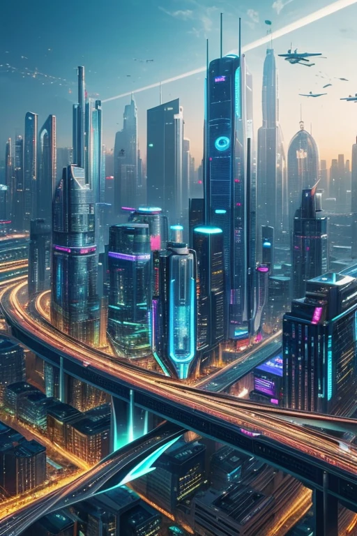 (futuristic city:1.2), (Shambala city), advanced architecture, bustling streets, vertical gardens, high-tech skyscrapers, futuristic transportation system, flying vehicles, floating platforms, technology-driven society, neon lights, holographic displays, energetic atmosphere, vibrant colors, sleek designs, glass facades, bustling marketplaces, advanced AI systems, clean energy sources, sustainable infrastructure, efficient public transportation, elevated walkways, aerial views, expansive skyline, innovative city planning, seamless integration of nature and technology, architectural marvels, smart city technology, automated services, cutting-edge advancements, harmonious coexistence of humans and machines, utopian vision.
