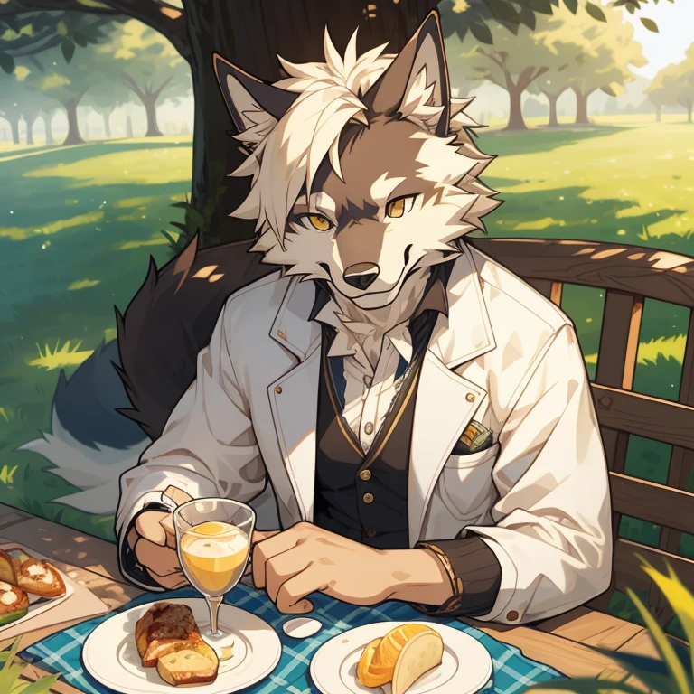 (High-quality illustrations,masterpiece)(Common,furry human),(Boy pure white humanoid wolf:1.2), Super detailed illustrations,smiling warmly,Have a picnic outdoors,Exquisite tea set,the only person,Sunny day,Beautiful park