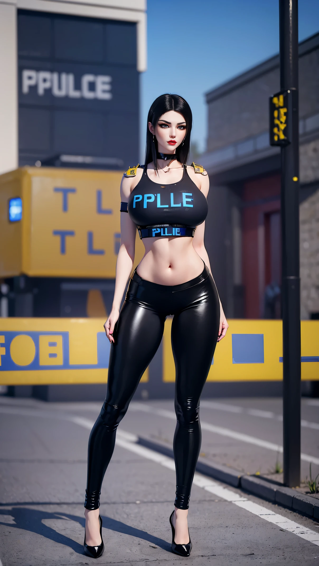 physically-based rendering, (girl alone:1.5), (slim body,huge fake breasts:1.2), street city, slim waist, big buttocks, (Full body:1.3), standing, skintight black leggings, (wearing sexy police uniform crop top:1.5).